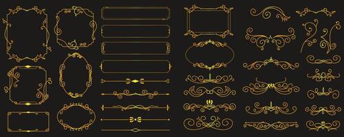 Gold vintage frames mega set in flat design. Bundle elements of abstract line classical decorative borders, dividers and templates square or circle forms. Vector illustration isolated graphic objects