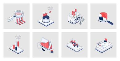 Data analysis concept of isometric icons in 3d isometry design for web. Analytics research, statistic search, chart and graph dashboard analyzing, marketing report and audit. Vector illustration