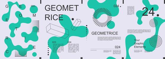 Geometric modern banner with trendy minimalist typography design. Poster templates with abstract dynamic liquid shapes, graphic line cubes, circle dots grids and text elements. Vector illustration.