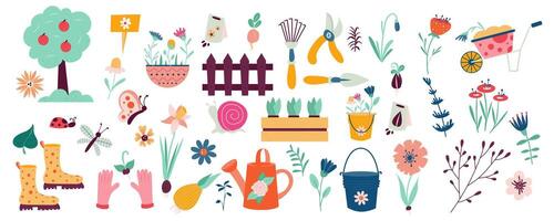 Spring decor and tools mega set in flat design. Bundle elements of trees, flowers, bucket, seeds, watering can, wheelbarrow, rake, pruner, shovel, other. Vector illustration isolated graphic objects
