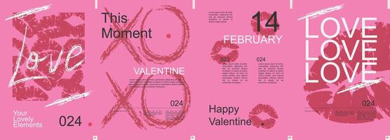 Valentine day modern banner with trendy minimalist typography design. Poster templates with female lips kiss print, love and abstract geometric shapes and text elements on pink. Vector illustration.