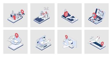 Travelling concept of isometric icons in 3d isometry design for web. Online tickets booking, flight with baggage to vacation, global tourism, summer trip to sea beach resort. Vector illustration