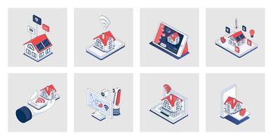 Smart home concept of isometric icons in 3d isometry design for web. Automation house monitoring and surveillance security system, wireless connection with different sensors. Vector illustration