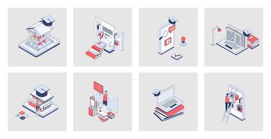 Online education concept of isometric icons in 3d isometry design for web. E-learning platform, distant study at school, college or university, virtual library wtih digital books. Vector illustration