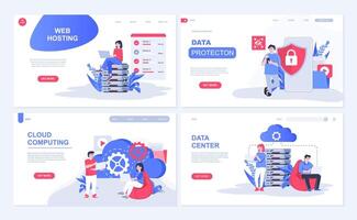 Cloud computing and web hosting concept for landing page in flat design. Users computing online and datacenter service with data protection. Vector illustration with people characters for homepage