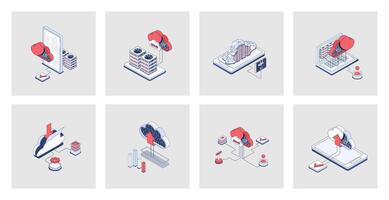 Cloud storage concept of isometric icons in 3d isometry design for web. Uploading and downloading data in online storage, datacenter connection and processing, hosting service. Vector illustration