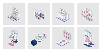 HR process concept of isometric icons in 3d isometry design for web. Human resources and recruitment, candidate choice, job interview at vacancy, online professional resume search. Vector illustration