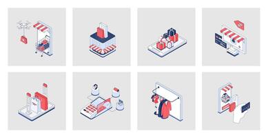 Shopping concept of isometric icons in 3d isometry design for web. Online purchasing, buying new goods in retail stores and shops, credit card payment with delivery service. Vector illustration