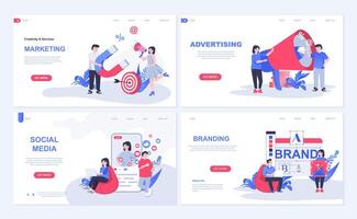 Marketing and advertising web concept for landing page in flat design. Social media promotion, branding and business identity, e-commerce. Vector illustration with people characters for homepage