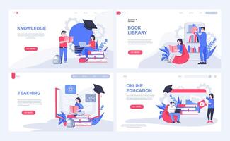 Online education web concept for landing page in flat design. Students reading books at virtual library, gaining knowledge, listening lectures. Vector illustration with people characters for homepage