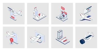 Booking concept of isometric icons in 3d isometry design for web. Airline tickets searching and buying at mobile app, ordering baggage transportation, hotel room reservation. Vector illustration