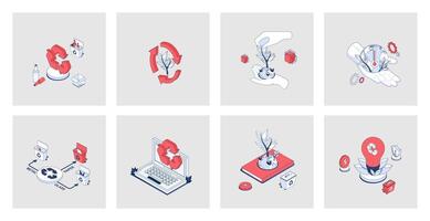 Ecology concept of isometric icons in 3d isometry design for web. Reuse and recycling technology, eco friendly, waste management, save planet and climate, alternative energy. Vector illustration