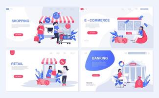 compras y comercio electrónico web concepto para aterrizaje página en plano diseño. clientes hacer compras a Al por menor historias y en línea tiendas, pago pedidos. vector ilustración con personas caracteres para página principal