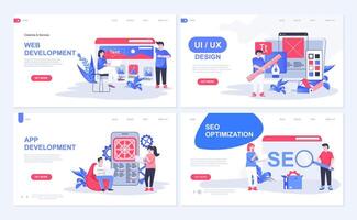 Web development concept for landing page in flat design. App developing with UI UX designing, programming, interface creating, SEO optimization. Vector illustration with people characters for homepage