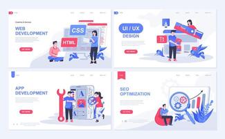 Web development concept for landing page in flat design. App creating with UI UX designing, html programming, SEO optimization settings. Vector illustration with people characters for homepage