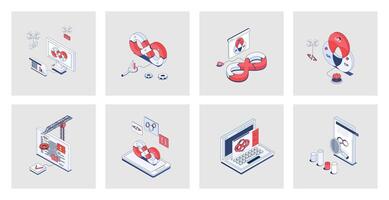 DevOps concept of isometric icons in 3d isometry design for web. Agile development operation practice, programming and management teamwork, creating and release products cycle. Vector illustration