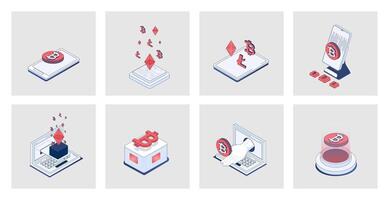 Cryptocurrency concept of isometric icons in 3d isometry design for web. Crypto business and bitcoins investment, blockchain, trading and mining coins at virtual platforms. Vector illustration