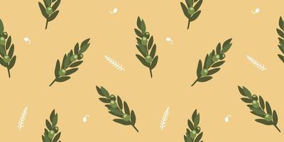 Ancient Greek seamless pattern on yellow background with green olive twigs and fir twigs. Floral pattern for unique designs, textiles and wrapping paper vector