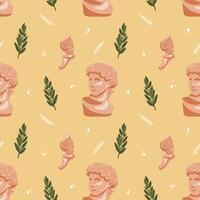 Ancient Greek seamless pattern on yellow background with bust of David, sandals with wings and olive branches. Historical pattern for unique designs and wrapping paper vector