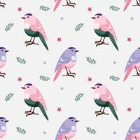 Seamless pattern with cute blue, pink and green cartoon-style birds. The bird stands on a blue background with twigs and stars. Spring pattern for printing and decorating vector