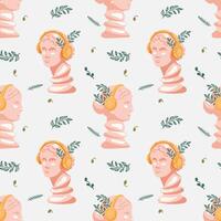 Fashionable seamless pattern with bust of Venus listening to music in bright yellow headphones on blue background. Modern pattern for unique designs, textiles and wrapping paper vector