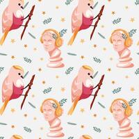 Seamless pattern with cute little birds and venus in headphones. Fashionable spring pattern for printing and decoration on the theme of antiquity and modernity with floral elements vector
