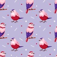 Seamless pattern with cute pink cartoon-style birds. The bird stands on a blue background with twigs and stars. Spring pattern for printing and decorating vector