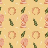 Ancient Greek seamless pattern on yellow background with Venus, green olive twigs, winner's wreath and fir twigs. Historical pattern for unique designs, textiles and wrapping paper vector