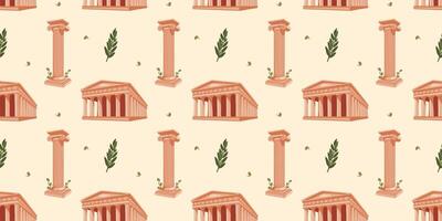 Seamless pattern with Greek motifs. Ancient Greek temple and column with olive elements on beige background for unique designs. Historical and museum values. Wrapping paper, postcards, printing vector