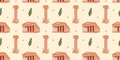 Seamless pattern with Greek motifs. Ancient Greek temple and column with olive elements on beige background for unique designs. Historical and museum values. Wrapping paper, postcards, printing vector