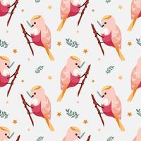 Seamless pattern with cute little birds in cartoon style. Bird with a golden crest holds a twig in its beak on a blue background with flowers and stars. Spring pattern for printing and decoration vector