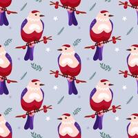 Seamless pattern with cute pink birds in cartoon style. Bird is sitting on a twig with berries on a blue background with twigs and stars. Spring and winter pattern for printing and decoration vector