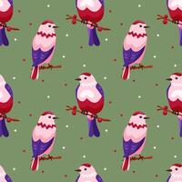 Seamless pattern with cute pink birds in cartoon style. Bird sits on a twig with berries on a green background with stars. Spring pattern for printing and decorating vector