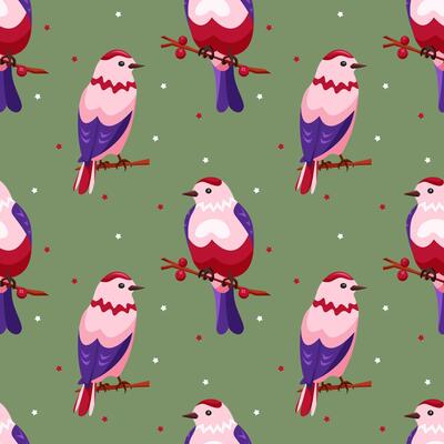 Seamless pattern with cute pink birds in cartoon style. Bird sits on a twig with berries on a green background with stars. Spring pattern for printing and decorating