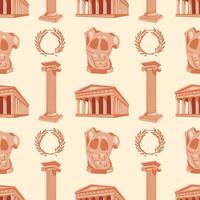 Seamless pattern with Greek motifs. Acropolis, column, torso statue and winner's wreath on beige background for unique designs. Historical and museum values. Wrapping paper, postcards, printing vector