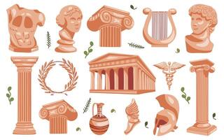 Antique set from the era of ancient Greece. Columns, busts, statues, wreaths of the ancient era for history, museums, culture. Set of antique elements in minimalistic style for unique designs vector