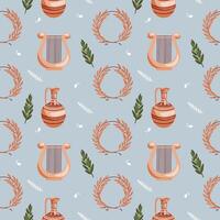 Ancient Greek seamless pattern on blue background with a winner's wreath of wild olive twigs, harp and jug on a blue sky background. Historical pattern for unique designs and wrapping paper vector