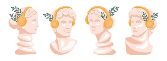 Four versions of ancient Greek statues of Venus and David in modern design. Ancient Greek figures with modern orange headphones and green olive leaves. vector
