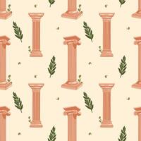 Seamless pattern with Greek motifs. Ancient column with olive elements on beige background for unique designs. Historical and museum values. Wrapping paper, postcards, printing vector