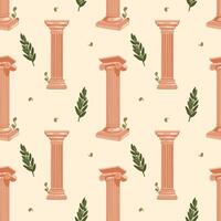 Seamless pattern with Greek motifs. Ancient column with olive elements on beige background for unique designs. Historical and museum values. Wrapping paper, postcards, printing vector