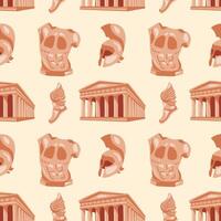 Seamless pattern with Greek motifs. An ancient Greek temple, a warrior's helmet, a statue of a torso and sandals with wings on a beige background for unique designs. Historical and museum value vector