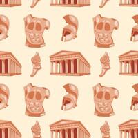 Seamless pattern with Greek motifs. An ancient Greek temple, a warrior's helmet, a statue of a torso and sandals with wings on a beige background for unique designs. Historical and museum value vector