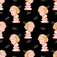 Fashionable seamless pattern with bust of Venus listening to music in bright yellow headphones on black background. Modern pattern for unique designs, textiles and wrapping paper vector