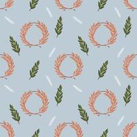 Ancient Greek seamless pattern on blue background with winner's wreath of wild olive twigs on blue sky background. Historical pattern for unique designs and wrapping paper vector