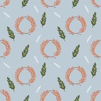 Ancient Greek seamless pattern on blue background with winner's wreath of wild olive twigs on blue sky background. Historical pattern for unique designs and wrapping paper vector