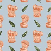 Ancient Greek seamless pattern on blue background with bust of Apollo, statue and olive branches on blue sky background. Historical pattern for unique designs and wrapping paper vector