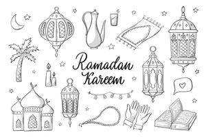 Set of islamic doodles, ramadan clip art for prints, stickers, coloring pages, signs, sublimation, cards, etc. EPS 10 vector