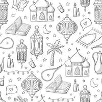 Ramadan monochrome seamless pattern with doodles, cartoon elements for wrapping paper, coloring pages, packaging, wallpaper, textile prints, etc. EPS 10 vector