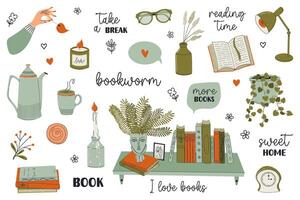 Books and reading set. Stack of books, book shelf, candles, houseplants, glasses. Retro style minimalistic elements isolated on white background. Hand drawn vector illustrations.