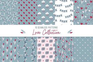 Set of love seamless patterns with hearts and romantic elements. Valentine's Day. Cute retro backgrounds. Hand drawn vector illustrations.